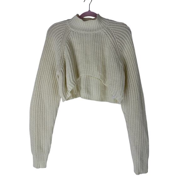 Edikted Ivory Open Knit Long Sleeve Moc Neck Cropped Chunky Sweater Top Size M - Picture 2 of 8